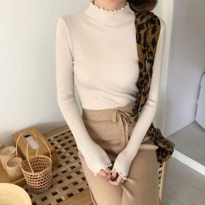 Yesstyle Mock Neck Cream Lettuce Edge Ribbed Sweater